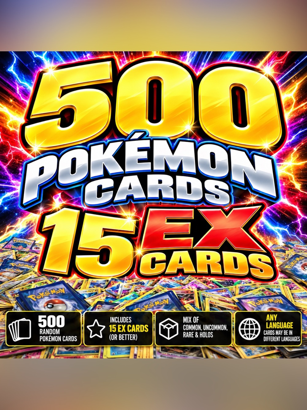 Pokémon Card HUGE Lot 500 Cards + 15 EX Cards | Random Collection